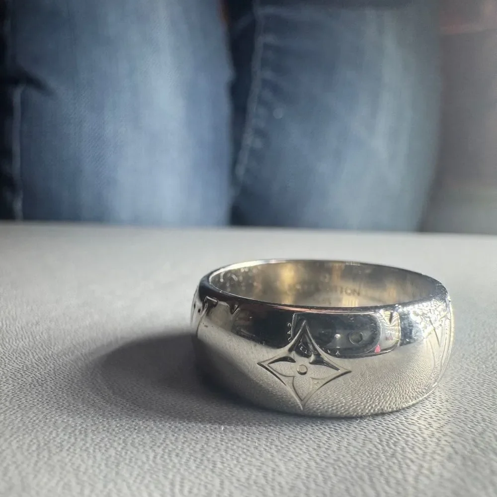 Louis Vuitton Silver Monogram & Fleur-De-Lis Ring M62485 Band Ring Auth